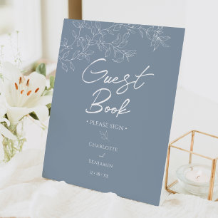 Dusty Blue Minimal Leaf Wedding Gästebuch Sockelschild