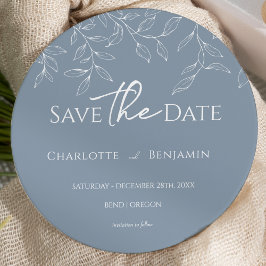 Dusty Blue Minimal Leaf Wedding Round Save The Date