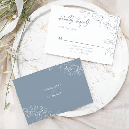 Dusty Blue Minimal Leaf Wedding RSVP Karte