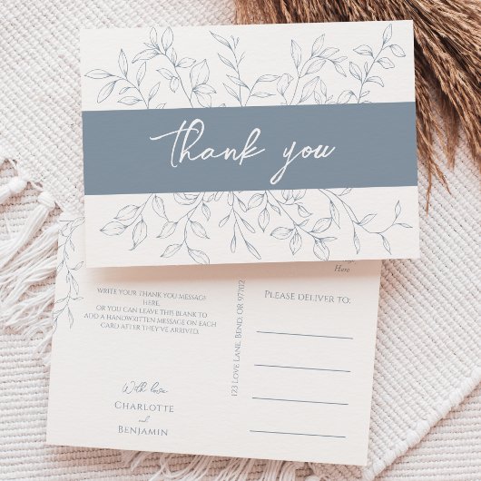 Dusty Blue Minimal Leaf Wedding Vielen Dank Postkarte