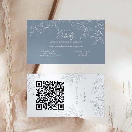 Dusty Blue Minimal Leaf Wedding Website QR Code Begleitkarte