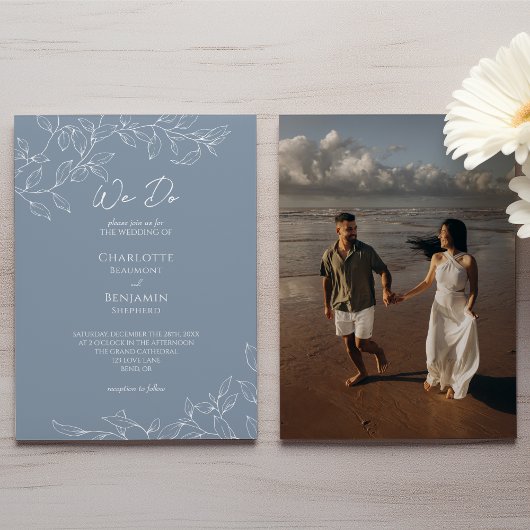 Dusty Blue Minimal Leaf Wedding Wir machen Foto Einladung