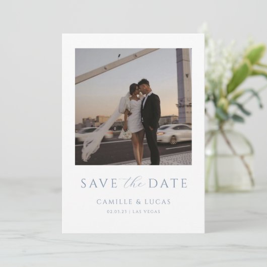 Dusty Blue Minimal Save the Date Einladung (Stehend Vorderseite)
