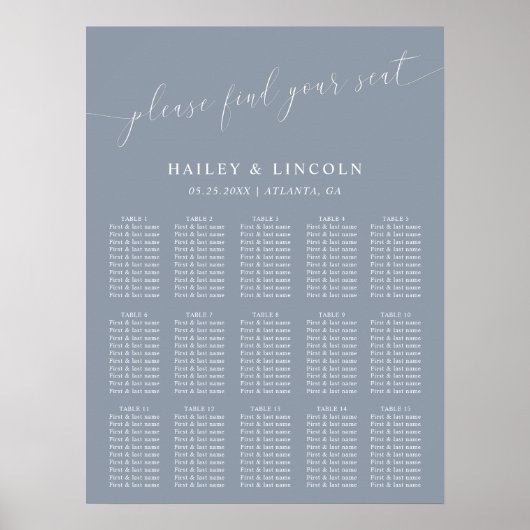 Dusty Blue Minimal Wedding Seating Chart Poster (Vorne)