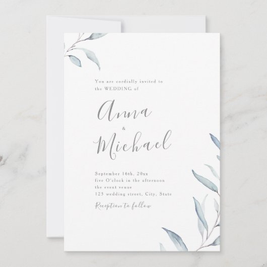 Dusty Blue Minimalgrün Hochzeit Einladung (Vorderseite)