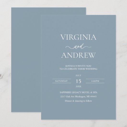 Dusty Blue Minimalist Wedding Monogram Einladung (Vorne/Hinten)