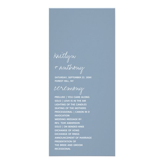 Dusty Blue Minimalistic Script Wedding Program Werbekarte (Vorne)