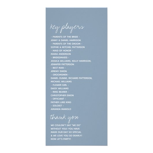 Dusty Blue Minimalistic Script Wedding Program Werbekarte (Hinten)