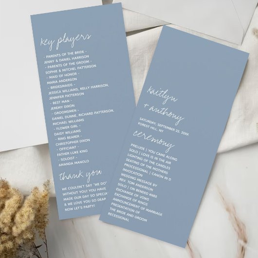Dusty Blue Minimalistic Script Wedding Program Werbekarte
