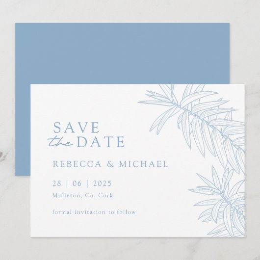 Dusty Blue Minimalistisch Botanical Save the Date (Vorne/Hinten)
