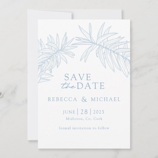 Dusty Blue Minimalistisch Botanical Save The Date (Vorderseite)