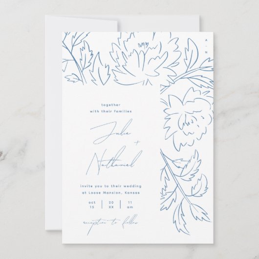 Dusty Blue Minimalistisch Botanical Wedding Einladung (Vorderseite)