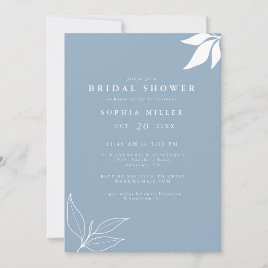 Dusty Blue Minimalistisch Branch Blätter Brautpart Einladung (Vorderseite)