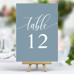 Dusty Blue Minimalistisch Calligraphy Wedding Tischnummer<br><div class="desc">Freuen Sie sich auf die elegante Atmosphäre Ihres Hochzeitsempfängers. Diese minimalistischen Tischnummern enthalten ein Single namens "Table" in einem zarten Kalligraphieskript auf einem beruhigenden,  staubblauen Hintergrund. Das schlichte und dennoch raffinierte Design verleiht Ihrem Tisch eine Touch von Eleganz und verleiht Ihrem Ambiente ein angenehmes Ambiente.</div>
