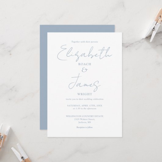 Dusty Blue Minimalistisch Elegant QR Code Wedding Einladung (Vorderseite/Rückseite Beispiel)