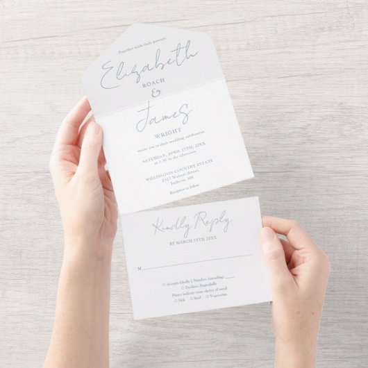 Dusty Blue Minimalistisch Elegant Script Wedding All In One Einladung (Abreißen)