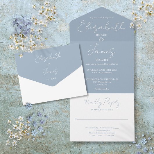Dusty Blue Minimalistisch Elegant Script Wedding All In One Einladung