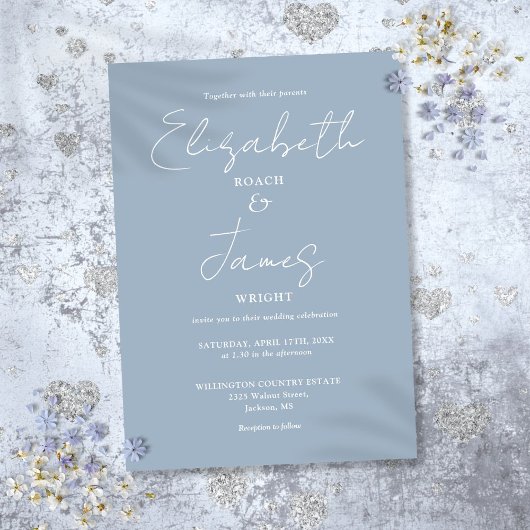 Dusty Blue Minimalistisch Elegant Script Wedding Einladung