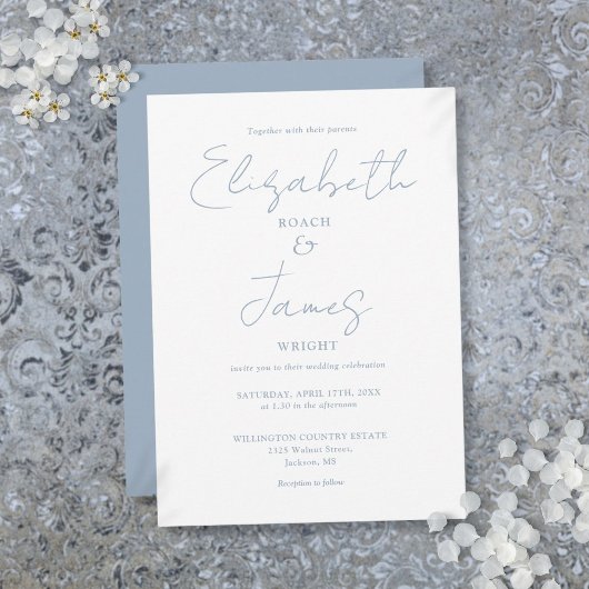 Dusty Blue Minimalistisch Elegant Script Wedding Einladung