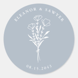 Dusty Blue Minimalistisch Floral Bouquet Wedding Runder Aufkleber