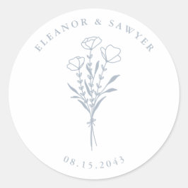 Dusty Blue Minimalistisch Floral Bouquet Wedding Runder Aufkleber