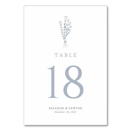Dusty Blue Minimalistisch Floral Bouquet Wedding Tischnummer (Vorderseite)