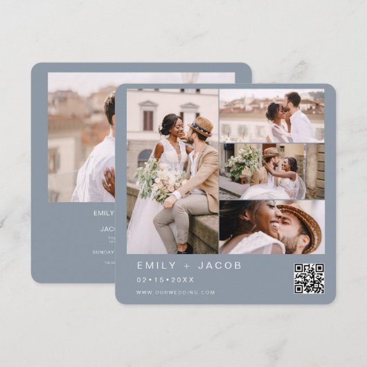 Dusty Blue Minimalistisch Foto QR-Code Hochzeit Einladung (Vorne/Hinten)