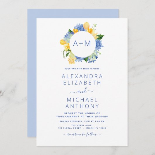 Dusty Blue Minimalistisch Modern Monogram Elegant Einladung (Vorne/Hinten)