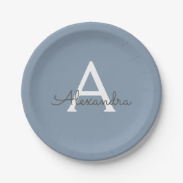 Dusty Blue Minimalistisch Modern Monogram Elegant Pappteller