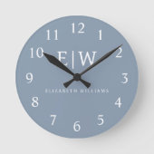 Dusty Blue Minimalistisch Modern Monogram Elegant Runde Wanduhr (Vorderseite)