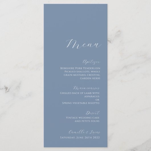Dusty Blue Minimalistisch Modern Wedding Menu Menükarte (Vorderseite)