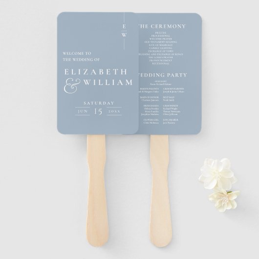 Dusty Blue Minimalistisch Monogram Wedding Program Fächer (Vorne und Hinten)