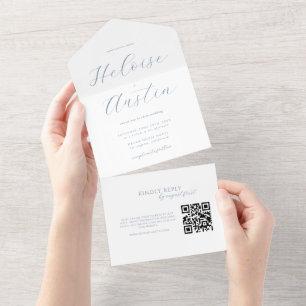 Dusty Blue Minimalistisch QR-Code Alle in einem Ei All In One Einladung