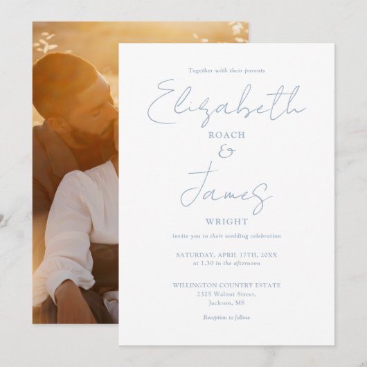 Dusty Blue Minimalistisch Script Foto Wedding Einladung (Vorne/Hinten)