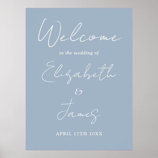 Dusty Blue Minimalistisch Script Wedding Willkomme Poster (Vorne)