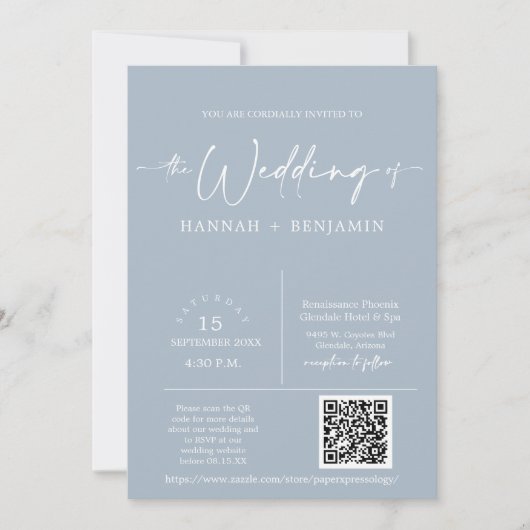 Dusty Blue Minimalistisch Wedding Arch QR Code Fot Einladung (Vorderseite)