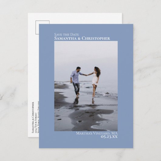 Dusty Blue Minimalistisch Wedding Foto Save the Da Ankündigungspostkarte (Vorne/Hinten)