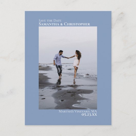 Dusty Blue Minimalistisch Wedding Foto Save the Da Ankündigungspostkarte (Vorderseite)