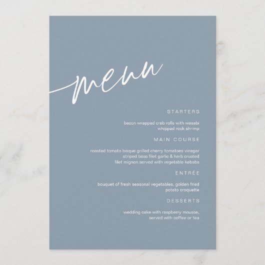 Dusty Blue Minimalistisch Wedding Menu Menükarte (Vorderseite)