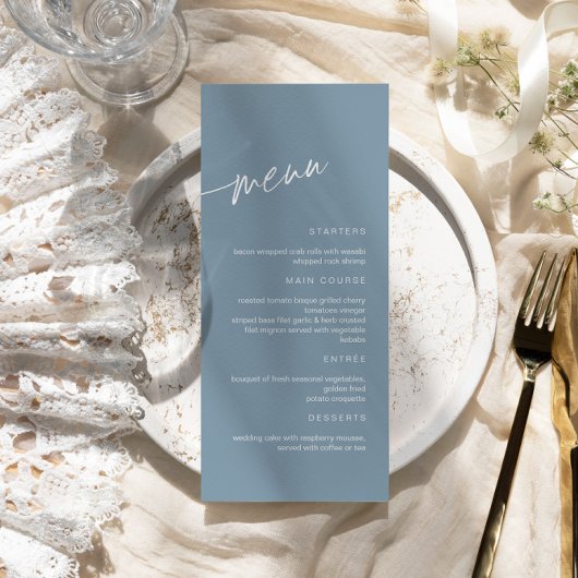 Dusty Blue Minimalistisch Wedding Menu Menükarte