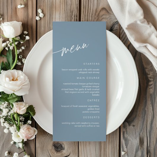 Dusty Blue Minimalistisch Wedding Menu Menükarte