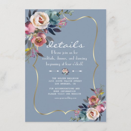 Dusty Blue Misty Rose Blume Gold Wedding Details Begleitkarte (Vorderseite)