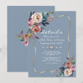 Dusty Blue Misty Rose Blume Gold Wedding Details Begleitkarte (Vorne/Hinten)