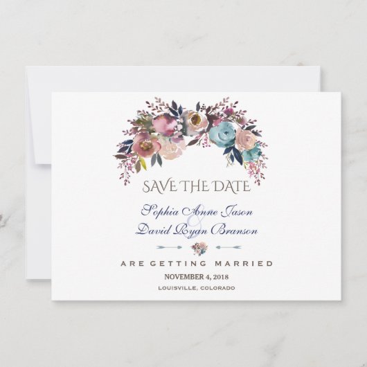 Dusty Blue Misty Rose Bouquet Save the Date (Vorderseite)
