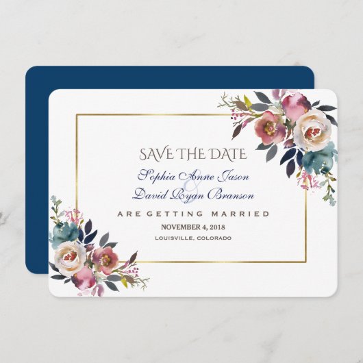 Dusty Blue Misty Rose Floral Save the Date (Vorne/Hinten)