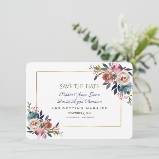 Dusty Blue Misty Rose Floral Save the Date (Stehend Vorderseite)