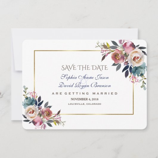 Dusty Blue Misty Rose Floral Save the Date (Vorderseite)