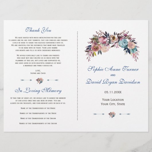 Dusty Blue Misty Rose Floral Wedding Program Flyer (Vorne)