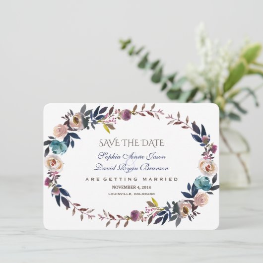 Dusty Blue Misty Rose Wreath Save the Date (Stehend Vorderseite)