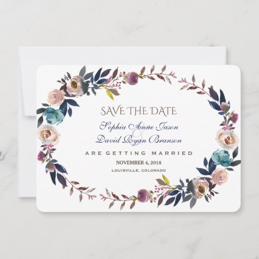 Dusty Blue Misty Rose Wreath Save the Date (Vorderseite)